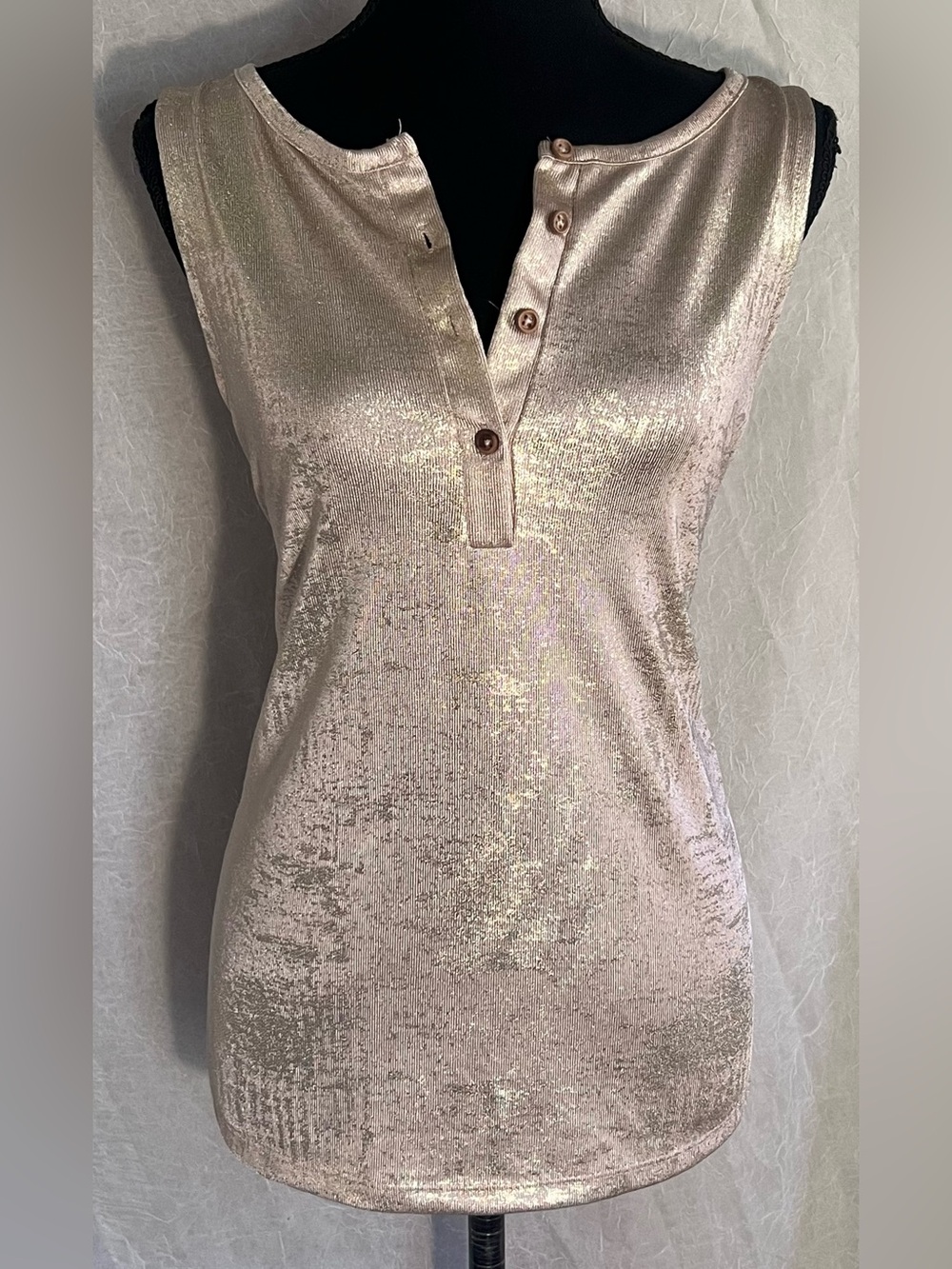 Metallic Champagne Sleeveless Henley Top